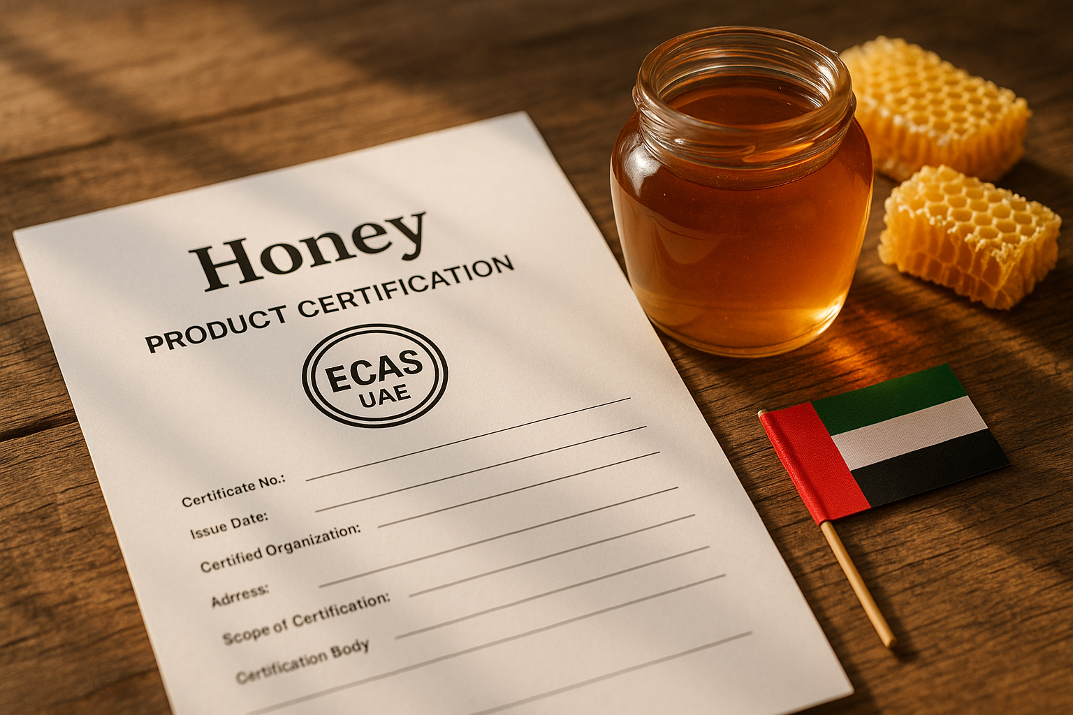 "Create a close-up image of a honey product certification document with the official ECAS UAE logo on it, placed beside a high-quality glass jar of honey on a wooden table. Include a honeycomb and small UAE flag as decorative elements. Use natural sunlight to give a warm and trustworthy feeling."