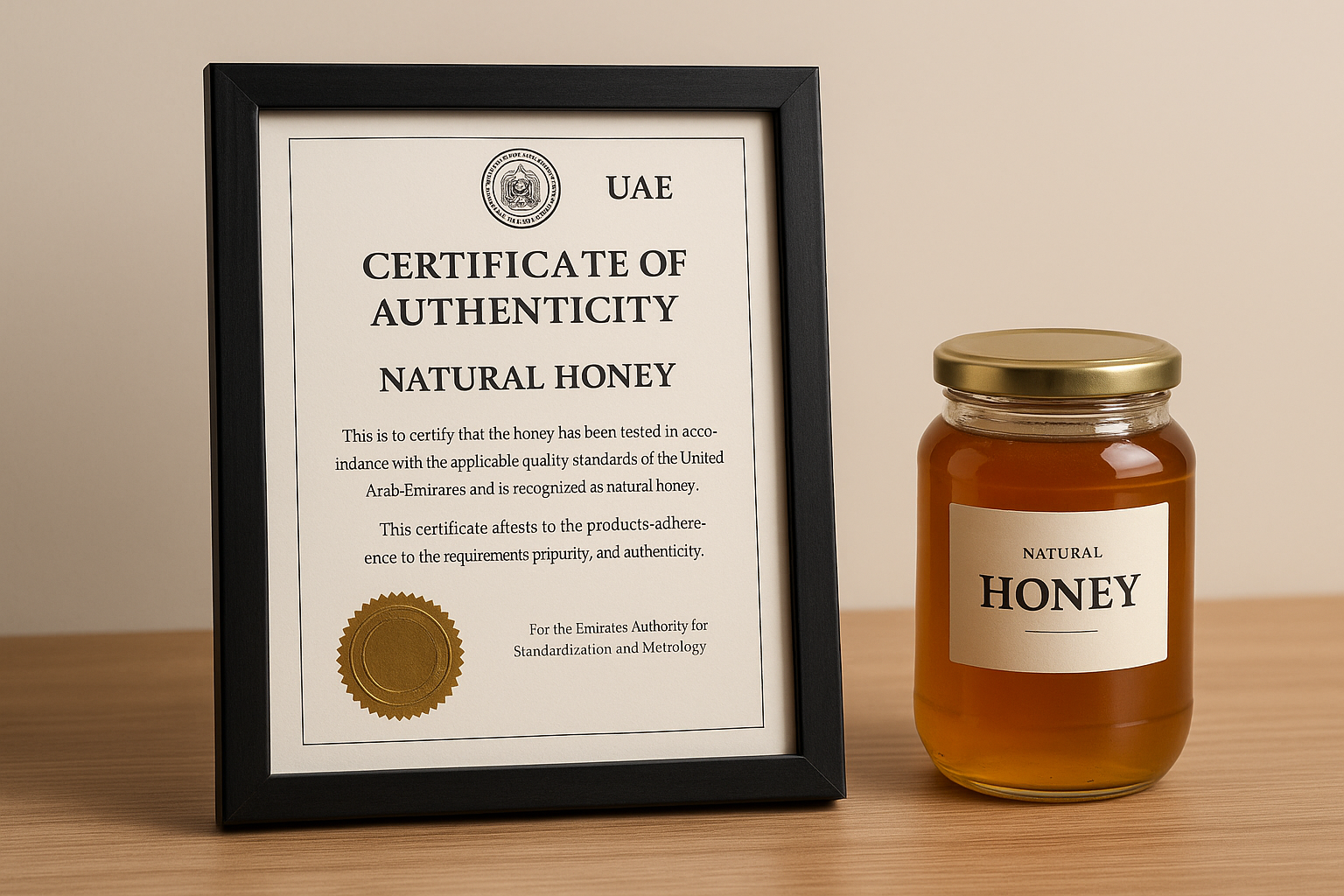 "Create a professional image that focuses on a certificate of authenticity and quality for natural honey, issued by ECAS (Emirates Authority for Standardization and Metrology) UAE. The certificate should be framed and displayed on a table beside a sealed honey jar with golden honey. Include a wax seal or embossed ECAS stamp on the certificate for authenticity. Use clean lighting and neutral background to emphasize professionalism, trust, and quality assurance."