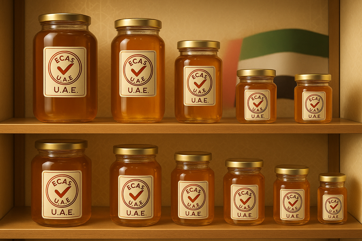 "Design a retail shelf display with multiple honey jars, each labeled with the ECAS UAE certification seal. The background should include subtle Arabic patterns and a soft focus UAE flag. Lighting should highlight the golden color of the honey and the trust conveyed by the ECAS seal."