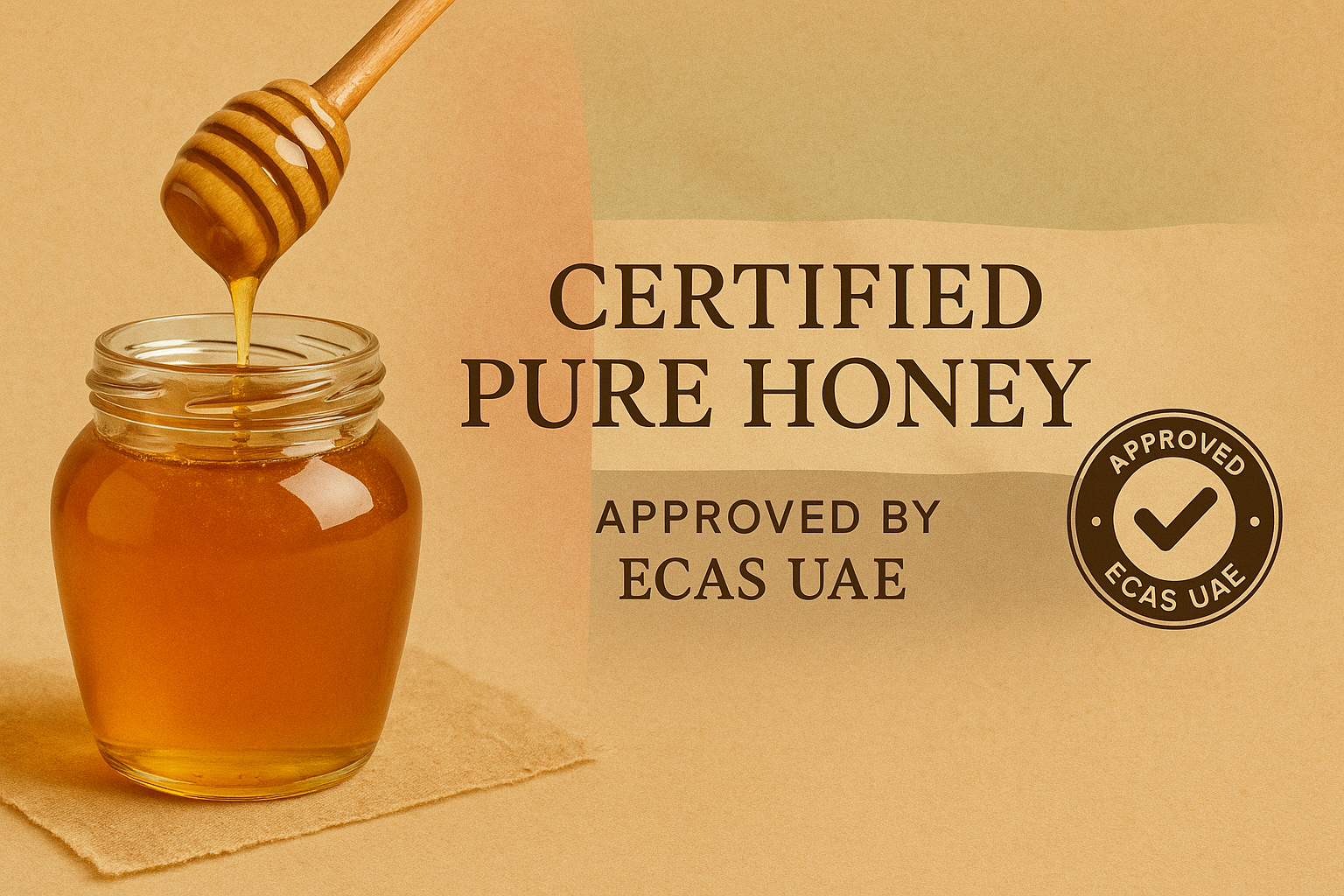  Standardization and Metrology) in the UAE. The banner should include a jar of golden natural honey with a wooden dipper, a UAE flag subtly in the background, and the official ECAS certification badge prominently displayed. Use earthy and golden tones to convey purity and trust. Include the text: 'Certified Pure Honey — Approved by ECAS UAE' in bold, elegant font."

