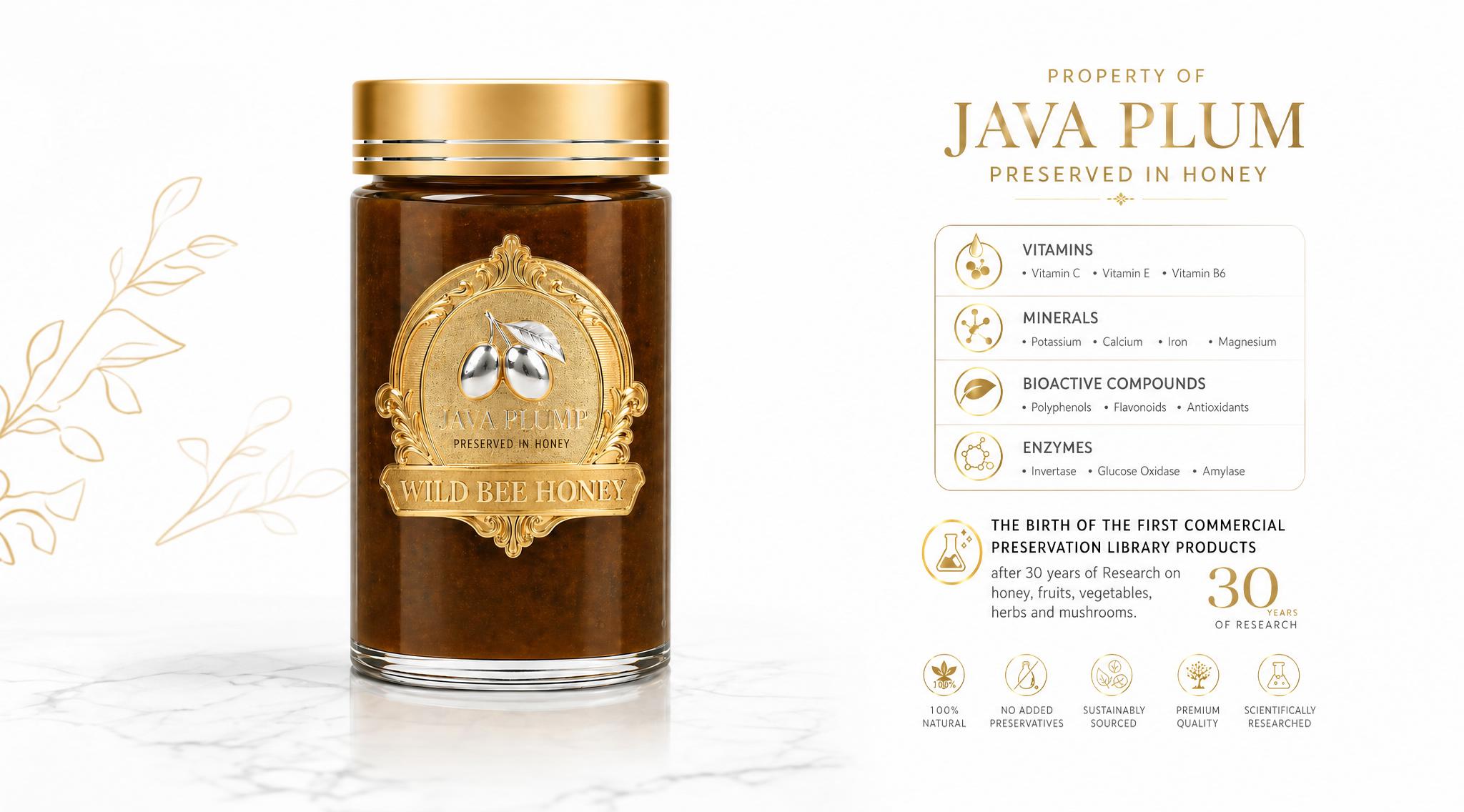 The gold framed Java Plum jar, preserved in honey.